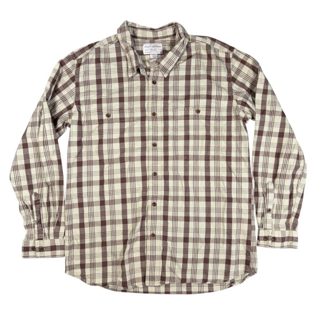 C.C. Filson Men's Long Sleeve Flannel Shirt Plaid Button Down Sz 2XL Beige Brown